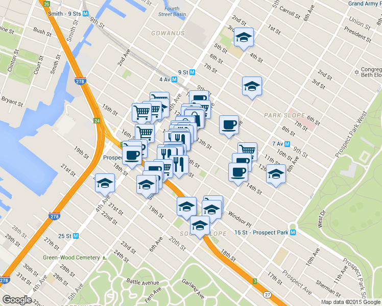 map of restaurants, bars, coffee shops, grocery stores, and more near 240 15th Street in Brooklyn