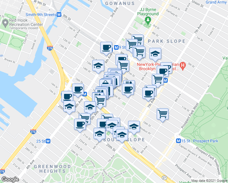 map of restaurants, bars, coffee shops, grocery stores, and more near 240 15th Street in Brooklyn