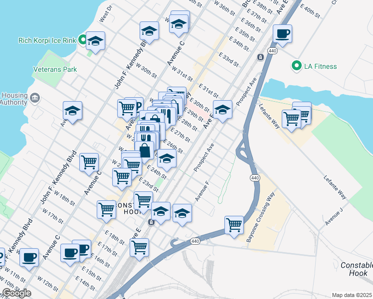 map of restaurants, bars, coffee shops, grocery stores, and more near 344A Avenue E in Bayonne