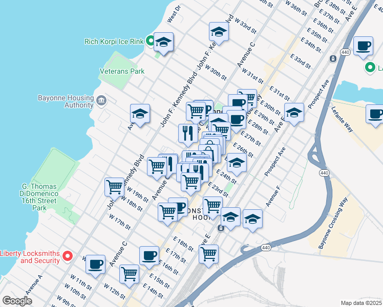 map of restaurants, bars, coffee shops, grocery stores, and more near 680 John F. Kennedy Boulevard in Bayonne