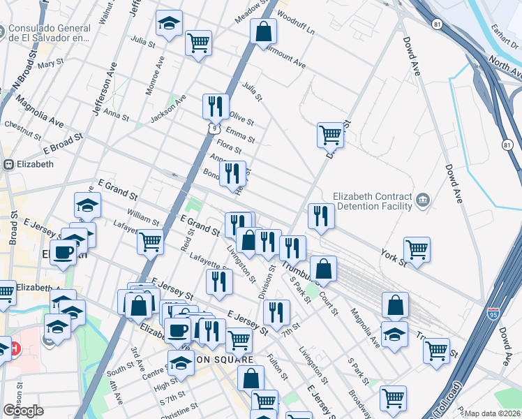 map of restaurants, bars, coffee shops, grocery stores, and more near 820-838 Magnolia Avenue in Elizabeth