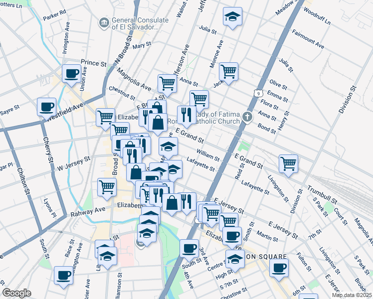 map of restaurants, bars, coffee shops, grocery stores, and more near 1045 Lafayette Street in Elizabeth