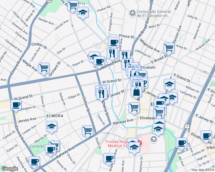 map of restaurants, bars, coffee shops, grocery stores, and more near 135 New Jersey 27 in Elizabeth