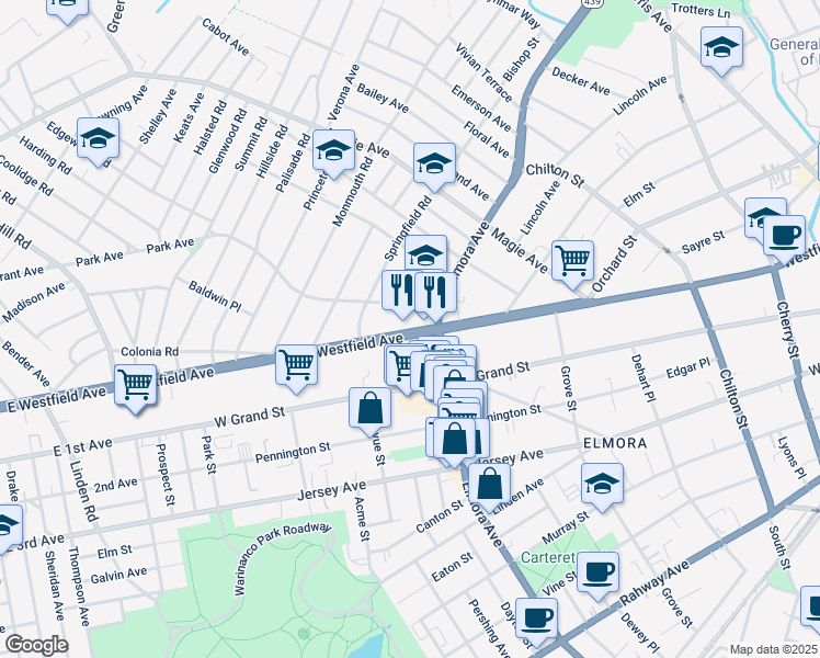 map of restaurants, bars, coffee shops, grocery stores, and more near 618-630 Westfield Avenue in Elizabeth