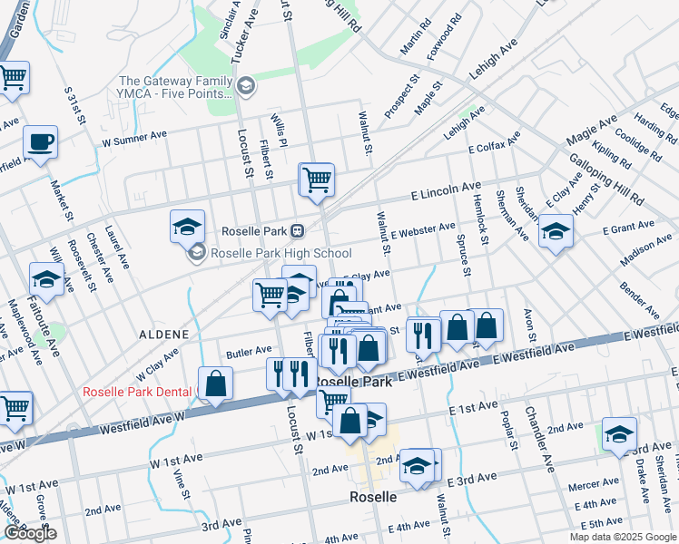 map of restaurants, bars, coffee shops, grocery stores, and more near in Roselle Park