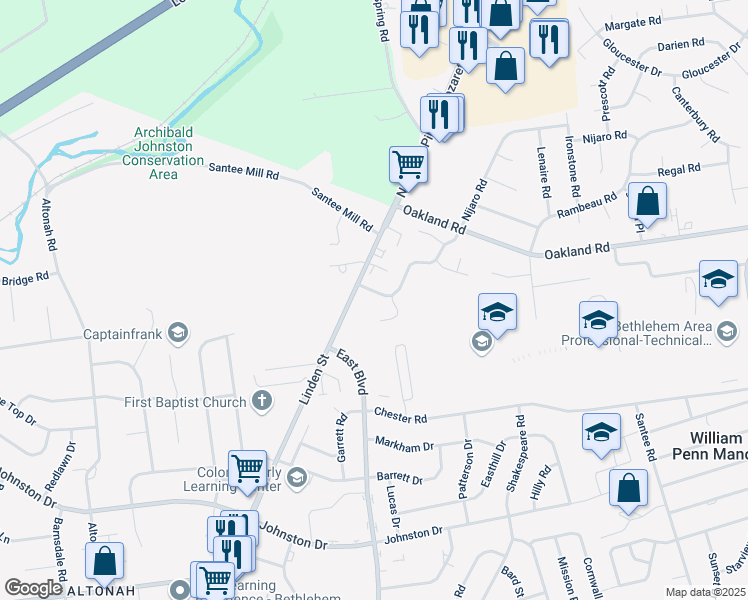 map of restaurants, bars, coffee shops, grocery stores, and more near 3410 Linden Street in Bethlehem