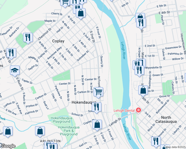 map of restaurants, bars, coffee shops, grocery stores, and more near 3229 Center Street in Hokendauqua