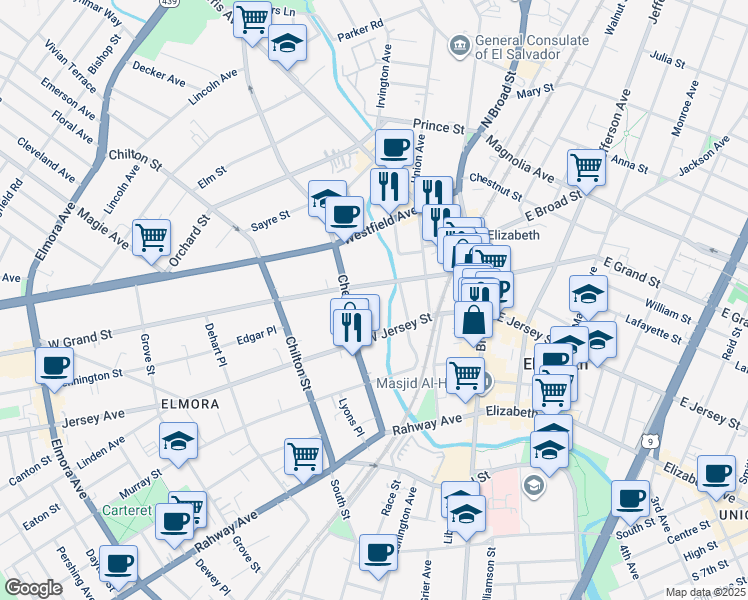 map of restaurants, bars, coffee shops, grocery stores, and more near 135 New Jersey 27 in Elizabeth