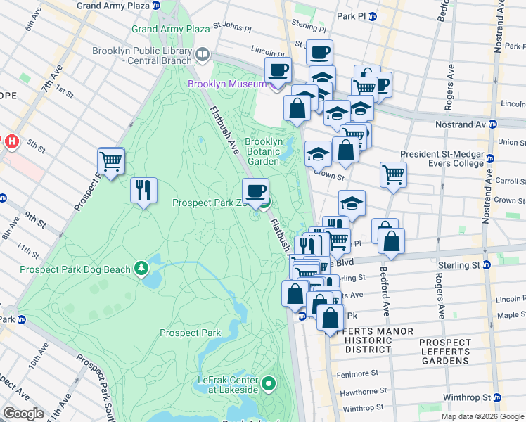 map of restaurants, bars, coffee shops, grocery stores, and more near 450 Flatbush Avenue in Brooklyn