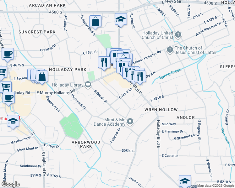 map of restaurants, bars, coffee shops, grocery stores, and more near 2220 East Murray Holladay Road in Holladay