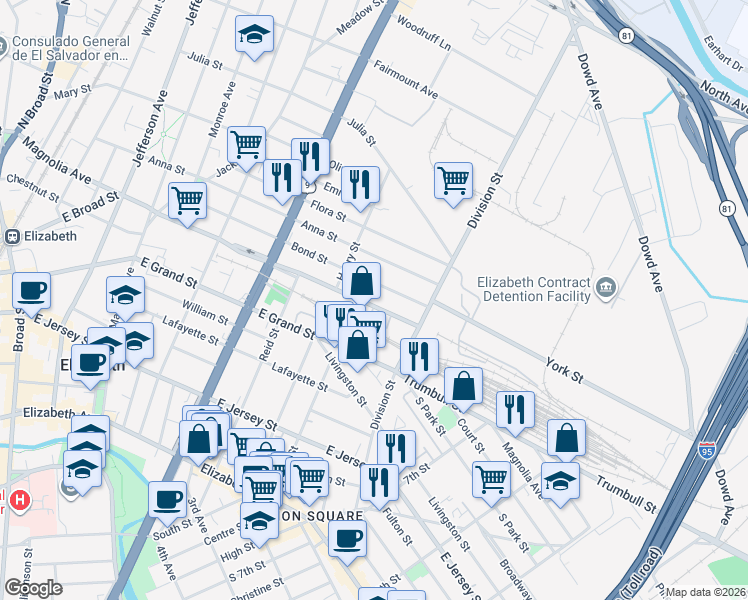 map of restaurants, bars, coffee shops, grocery stores, and more near 820-838 Magnolia Avenue in Elizabeth