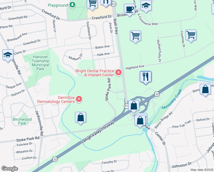 map of restaurants, bars, coffee shops, grocery stores, and more near 36 Stoke Park Road in Bethlehem
