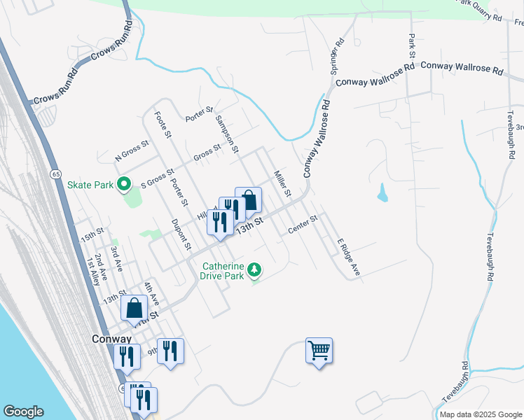 map of restaurants, bars, coffee shops, grocery stores, and more near 1304 Sampson Street in Conway