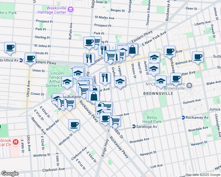 map of restaurants, bars, coffee shops, grocery stores, and more near Sutter Ave & Howard Ave in Brooklyn