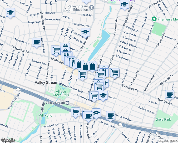 map of restaurants, bars, coffee shops, grocery stores, and more near 54 West Maple Street in Valley Stream