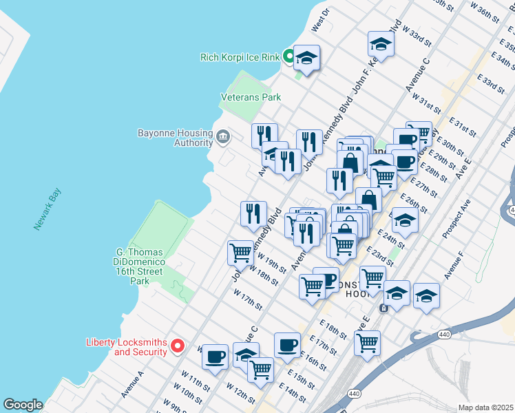 map of restaurants, bars, coffee shops, grocery stores, and more near 132 West 22nd Street in Bayonne