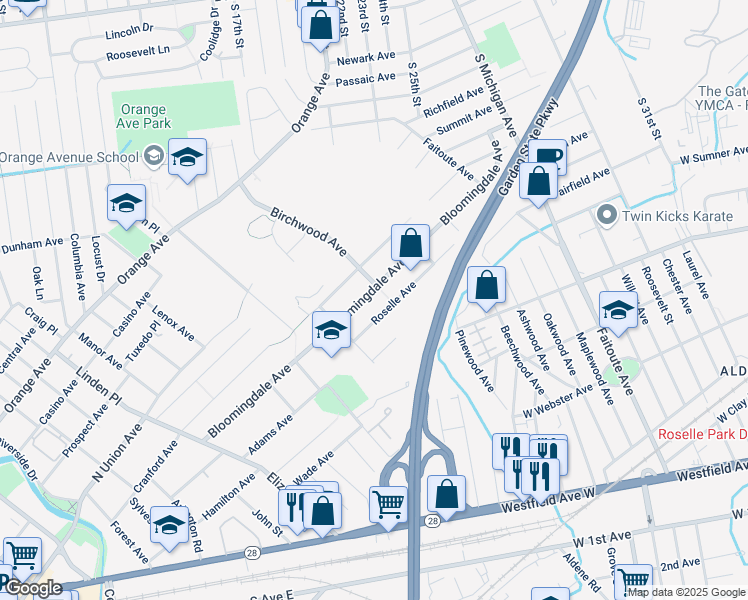 map of restaurants, bars, coffee shops, grocery stores, and more near 102 Birchwood Avenue in Cranford
