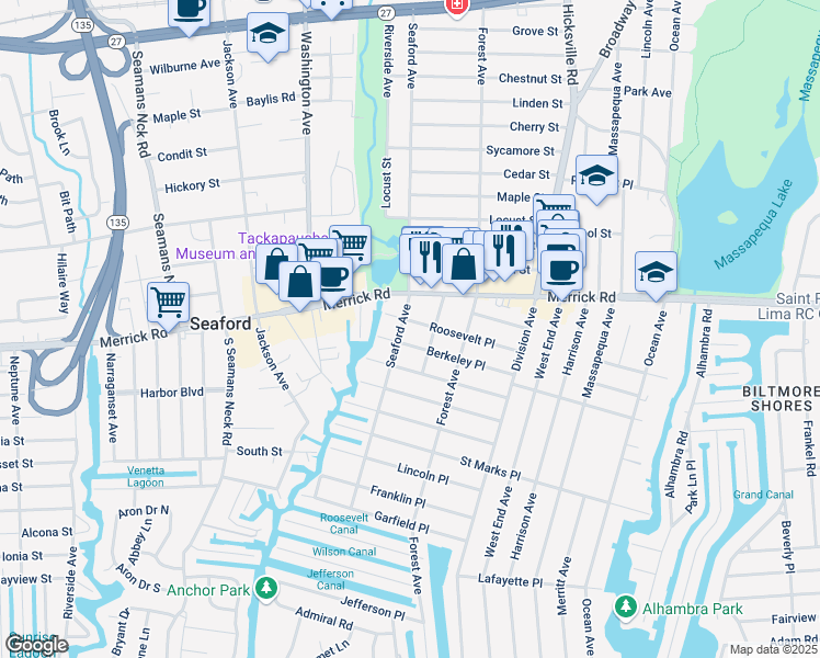 map of restaurants, bars, coffee shops, grocery stores, and more near 285 Seaford Avenue in Massapequa