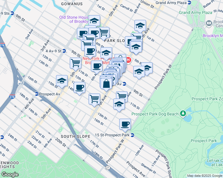 map of restaurants, bars, coffee shops, grocery stores, and more near 363 7th Avenue in Brooklyn