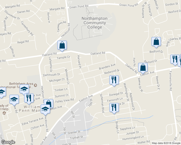 map of restaurants, bars, coffee shops, grocery stores, and more near 3820 Brandeis Avenue in Bethlehem