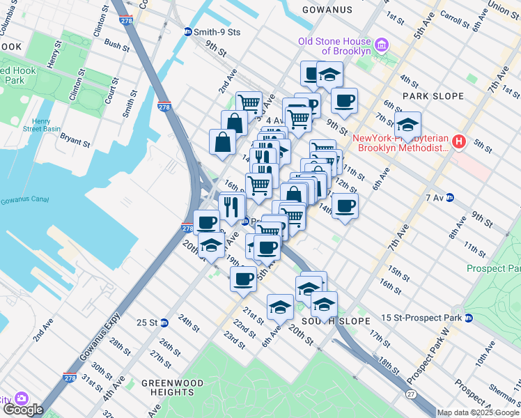 map of restaurants, bars, coffee shops, grocery stores, and more near 554 4th Avenue in Brooklyn