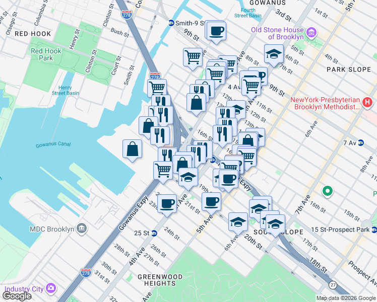 map of restaurants, bars, coffee shops, grocery stores, and more near 133 17th Street in Brooklyn