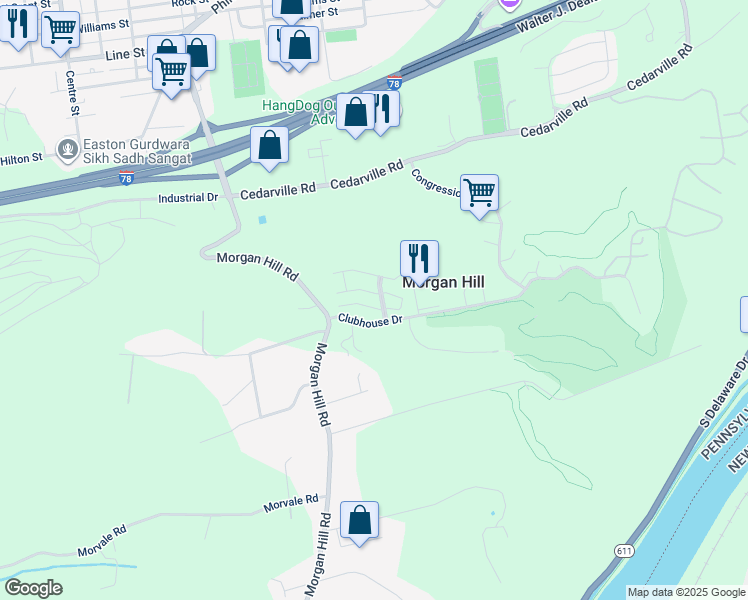 map of restaurants, bars, coffee shops, grocery stores, and more near 823 Eden Terrace in Easton