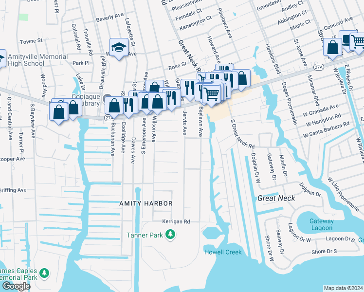 map of restaurants, bars, coffee shops, grocery stores, and more near 140 Jervis Avenue in Copiague