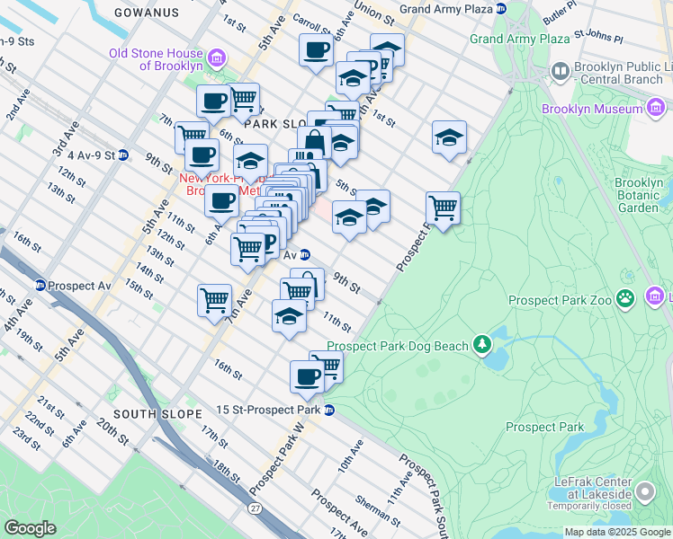map of restaurants, bars, coffee shops, grocery stores, and more near 615 8th Avenue in Brooklyn