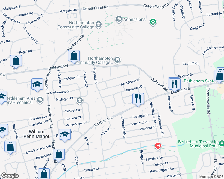 map of restaurants, bars, coffee shops, grocery stores, and more near 3830 Brandeis Avenue in Bethlehem