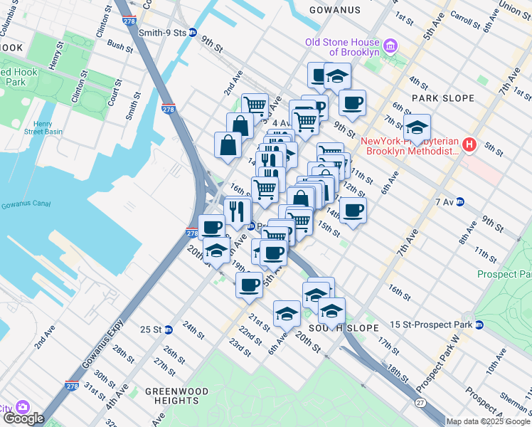 map of restaurants, bars, coffee shops, grocery stores, and more near 565 4th Avenue in Brooklyn