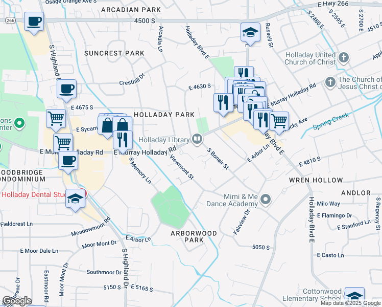 map of restaurants, bars, coffee shops, grocery stores, and more near 2015 East Murray Holladay Road in Holladay