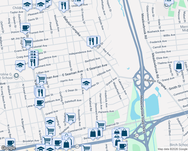 map of restaurants, bars, coffee shops, grocery stores, and more near 230 East Seaman Avenue in Freeport