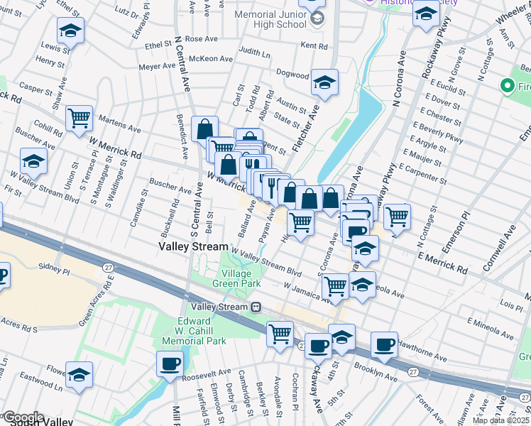 map of restaurants, bars, coffee shops, grocery stores, and more near 175 West Merrick Road in Valley Stream
