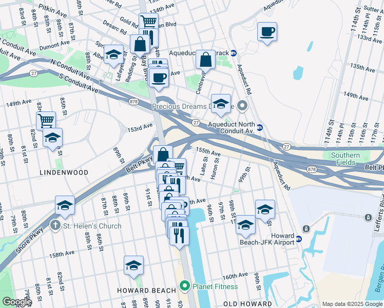 map of restaurants, bars, coffee shops, grocery stores, and more near Belt Parkway in Queens