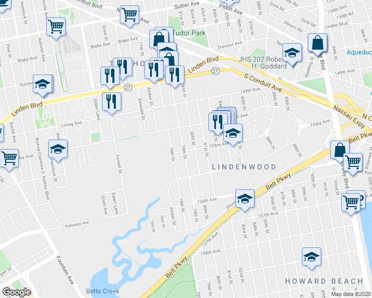 map of restaurants, bars, coffee shops, grocery stores, and more near 151-24 79th Street in Queens