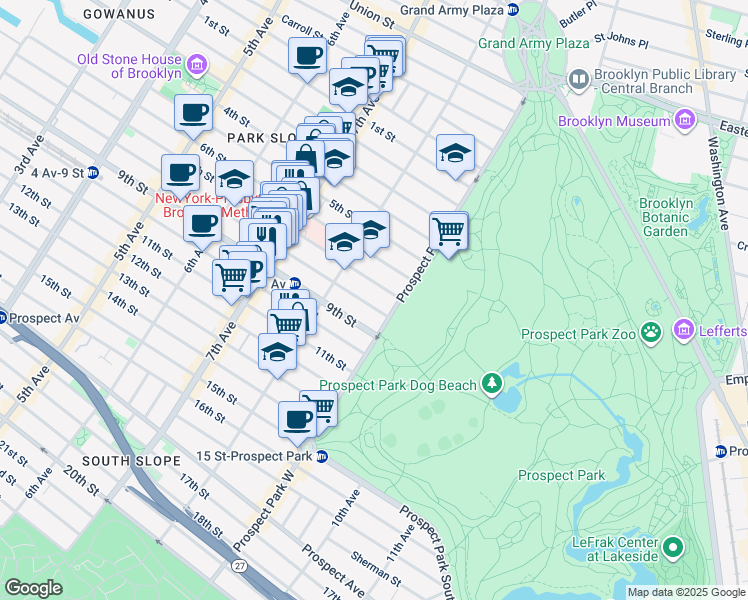 map of restaurants, bars, coffee shops, grocery stores, and more near 581 7th Street in Brooklyn
