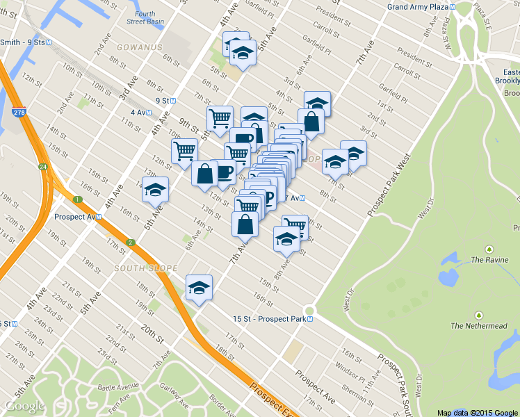 map of restaurants, bars, coffee shops, grocery stores, and more near 516 10th Street in Brooklyn