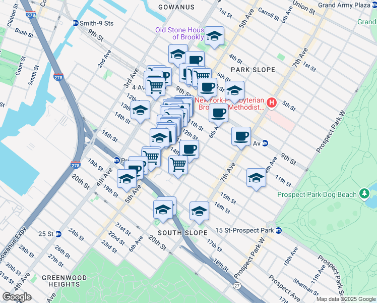 map of restaurants, bars, coffee shops, grocery stores, and more near 285 13th Street in Brooklyn