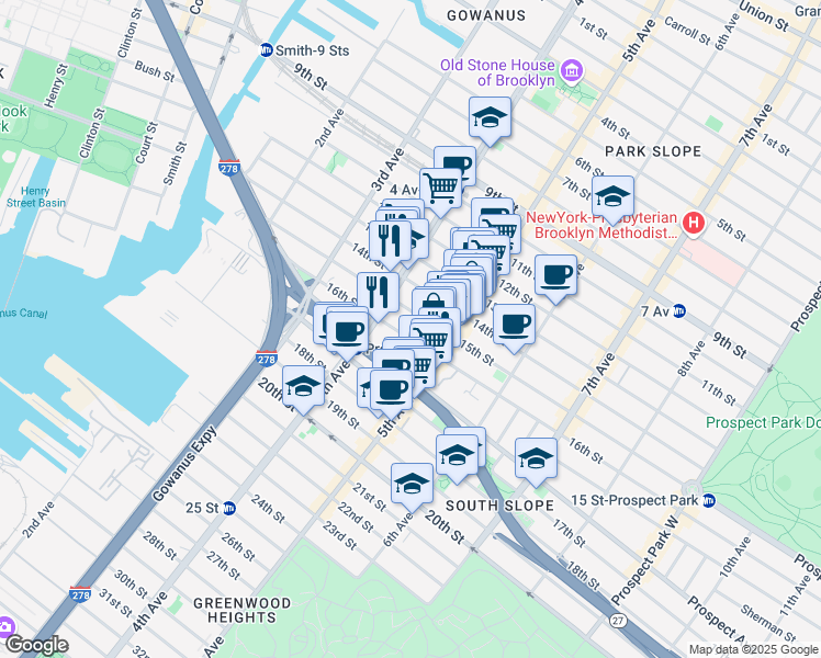 map of restaurants, bars, coffee shops, grocery stores, and more near 171 15th Street in Brooklyn