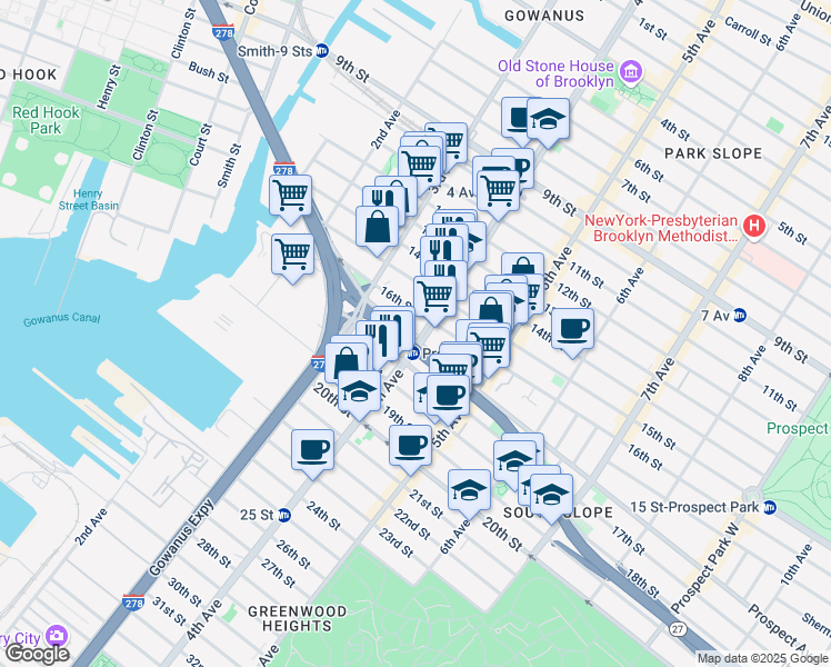 map of restaurants, bars, coffee shops, grocery stores, and more near 84 16th Street in Brooklyn