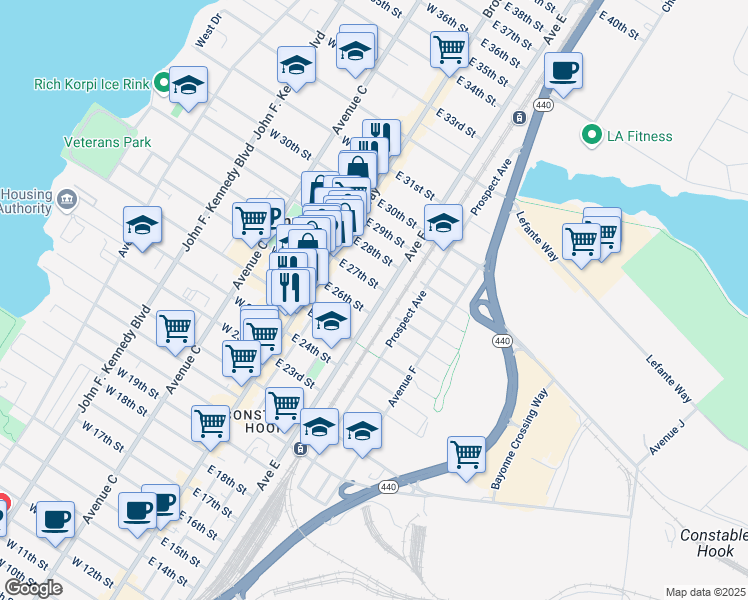 map of restaurants, bars, coffee shops, grocery stores, and more near 45 East 27th Street in Bayonne