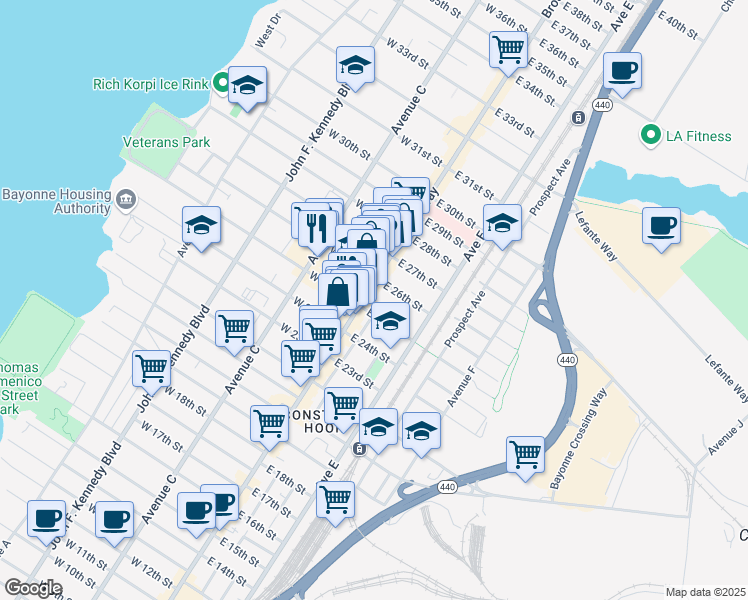 map of restaurants, bars, coffee shops, grocery stores, and more near 565 Broadway in Bayonne