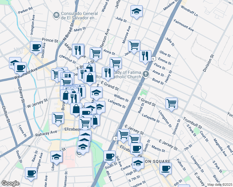 map of restaurants, bars, coffee shops, grocery stores, and more near 1062 East Grand Street in Elizabeth