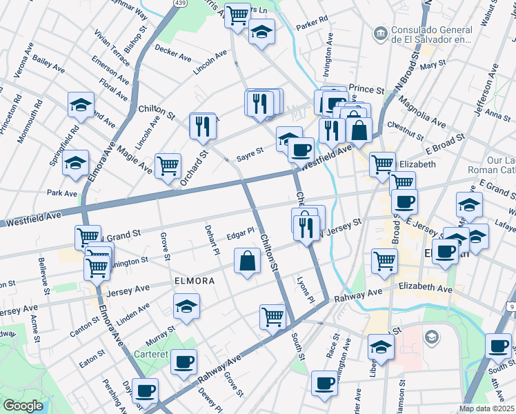 map of restaurants, bars, coffee shops, grocery stores, and more near 138 Westfield Avenue in Elizabeth