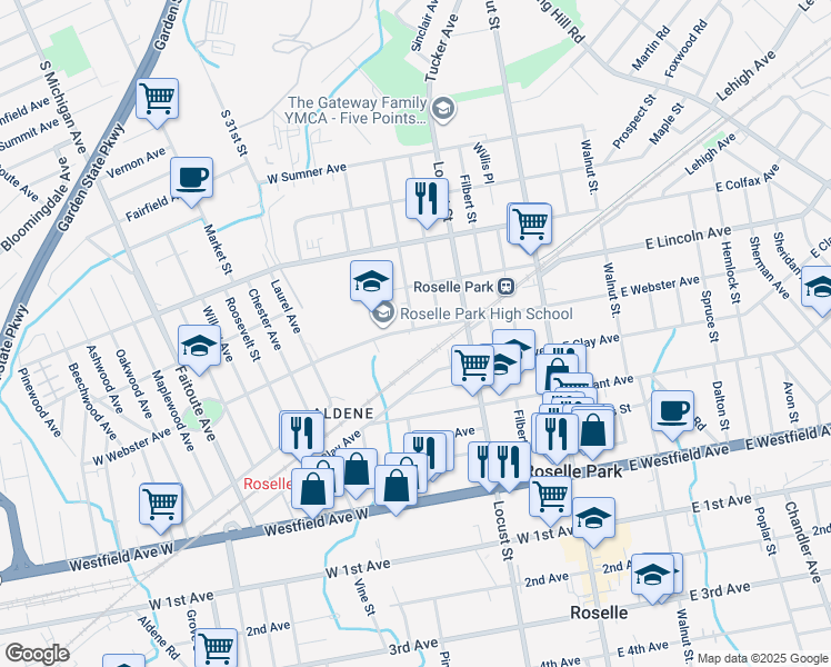 map of restaurants, bars, coffee shops, grocery stores, and more near 508 Elm Street in Roselle Park