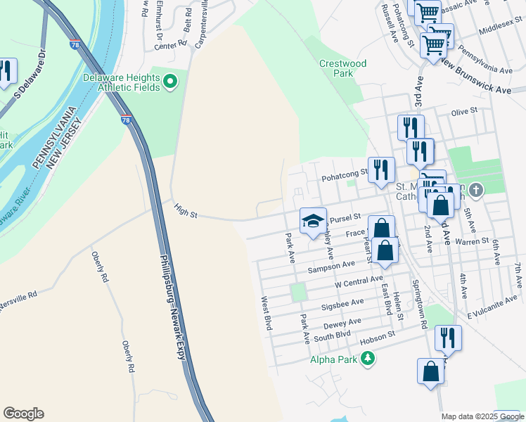 map of restaurants, bars, coffee shops, grocery stores, and more near 962 High Street in Alpha