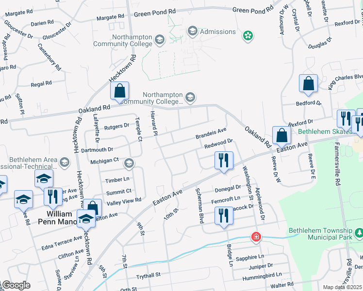 map of restaurants, bars, coffee shops, grocery stores, and more near 3830 Brandeis Avenue in Bethlehem
