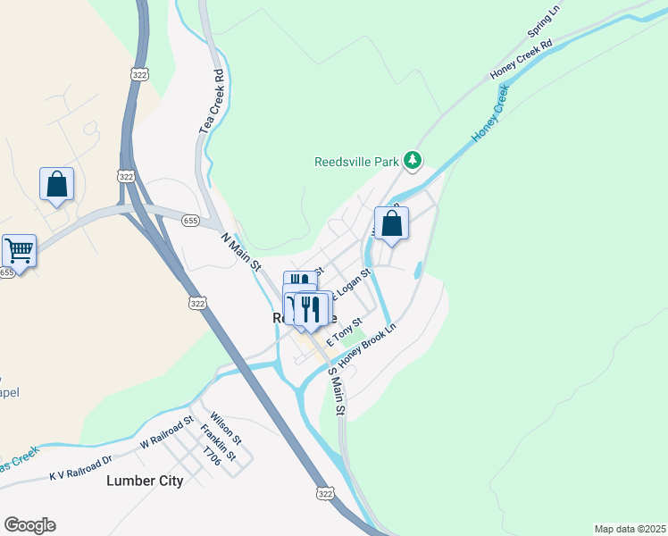 map of restaurants, bars, coffee shops, grocery stores, and more near 423-433 Pearl Street in Reedsville