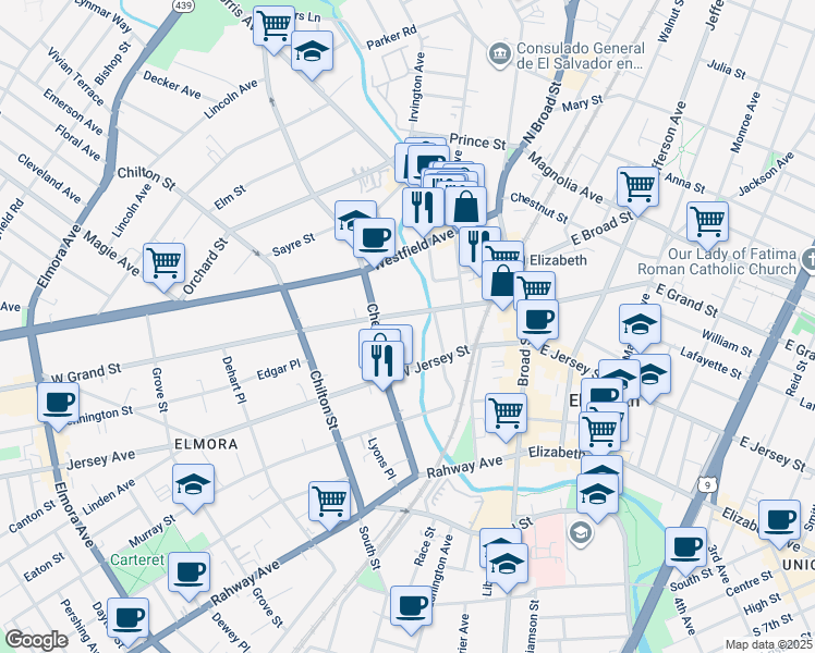 map of restaurants, bars, coffee shops, grocery stores, and more near 79 West Grand Street in Elizabeth